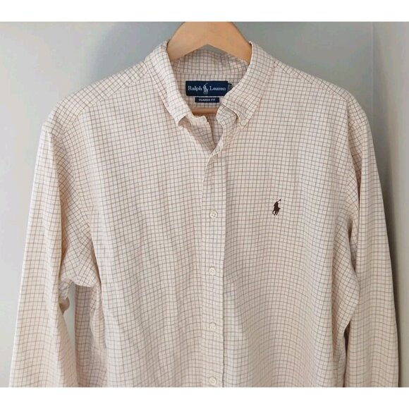 Ralph Lauren Classic Fit Button Down Shirt Size XL Tan Plaid Work Cotton - Picture 3 of 9